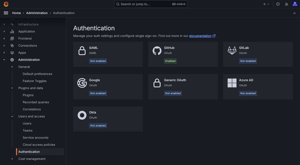 Screenshot of the Authentication provider list page
