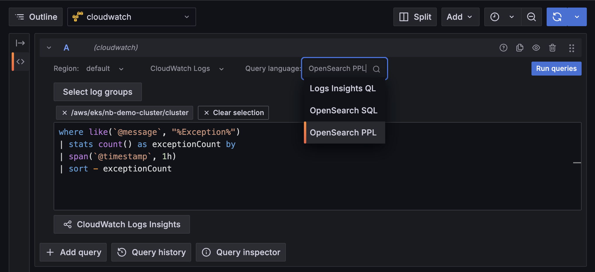 CloudWatch logs explore query languages drop-down list opened