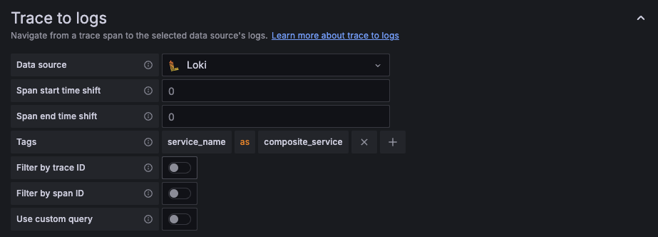 Настройки Trace to logs