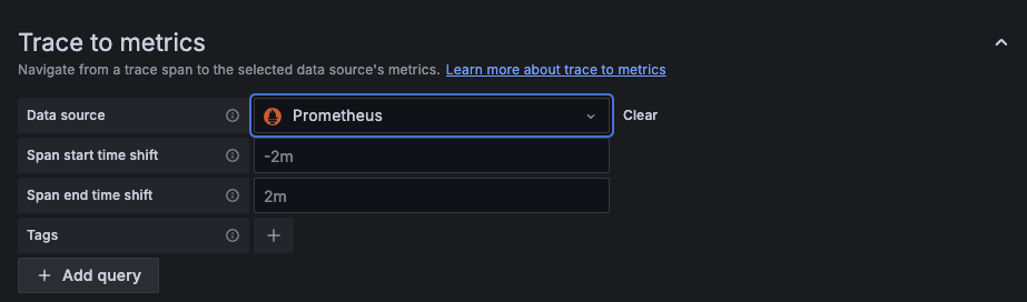 Настройки Trace to metrics в источнике данных Tempo